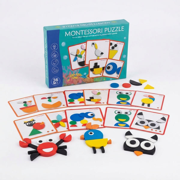 Puzzle Geométrico Montessori de Formas y Patrones con Tarjetas