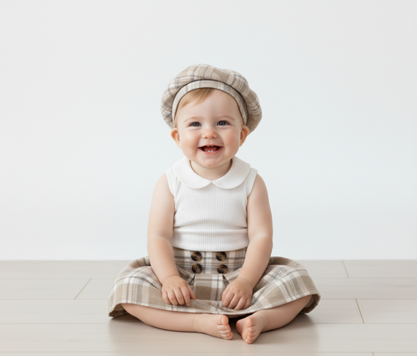 Conjunto para niña falda a cuadros con boina