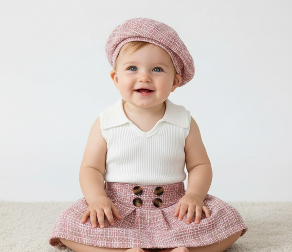 Conjunto para niña falda rosada con boina
