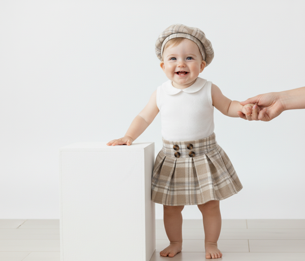 Conjunto para niña falda a cuadros con boina