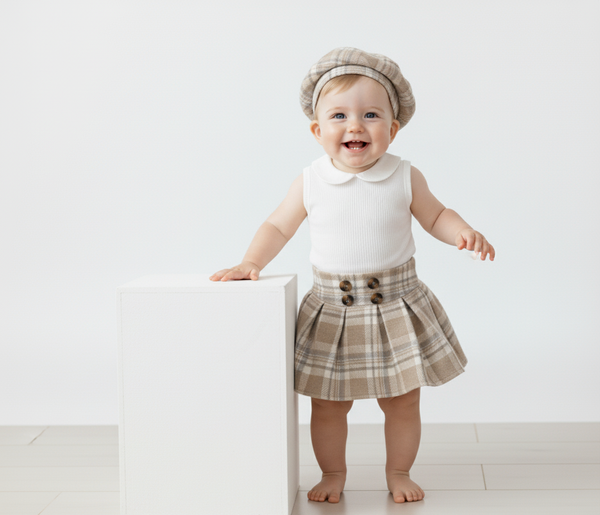 Conjunto para niña falda a cuadros con boina