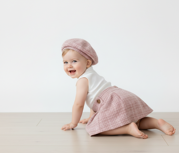 Conjunto para niña falda rosada con boina