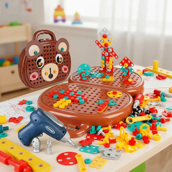 Maletín de Construcción Infantil Diseño Osito con Taladro Eléctrico