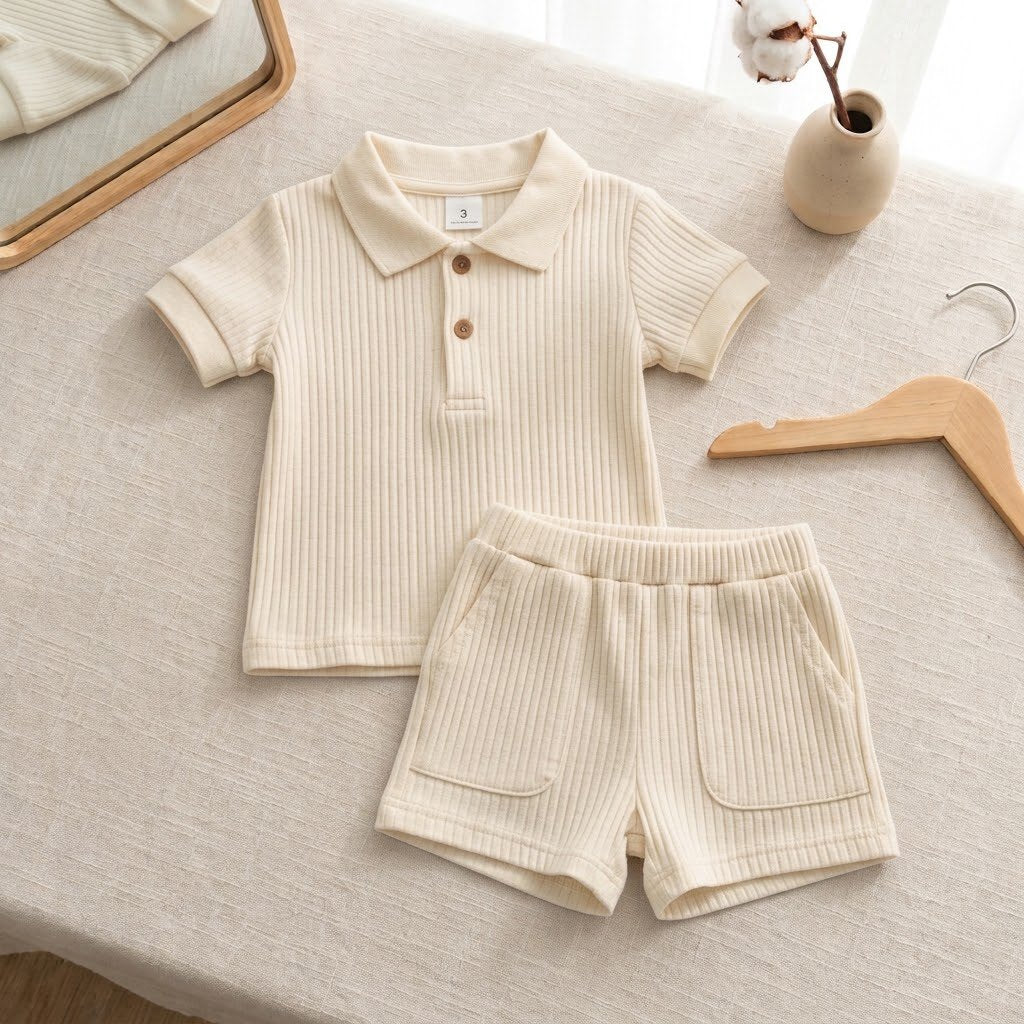Conjunto polo acanalado de algodón para bebé (polera + short) color crema / marfil