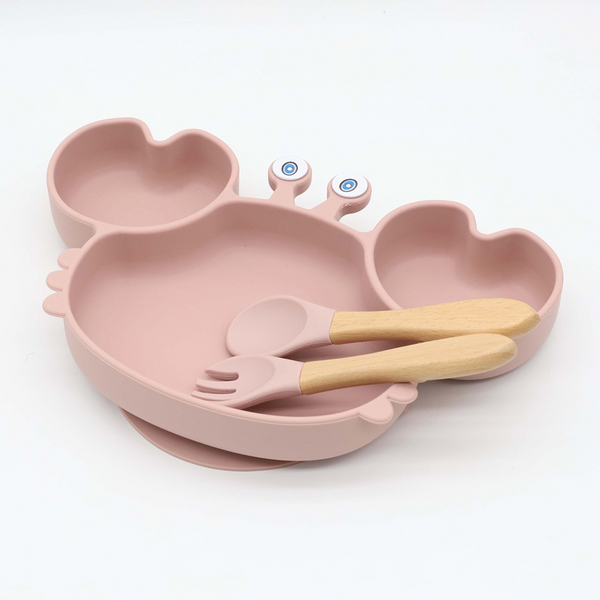 Plato infantil con diseño de cangrejito y cubiertos de silicona