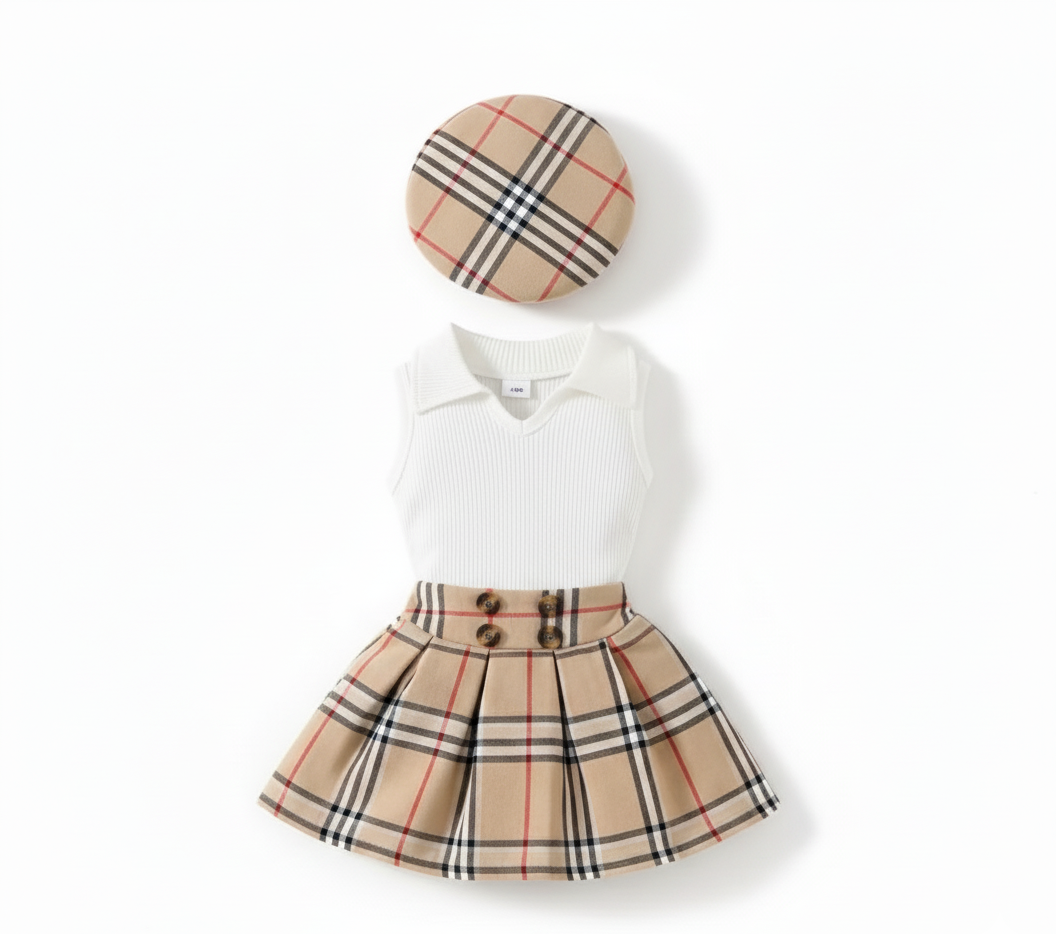 Conjunto para niña falda a cuadros con boina