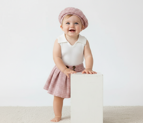 Conjunto para niña falda rosada con boina