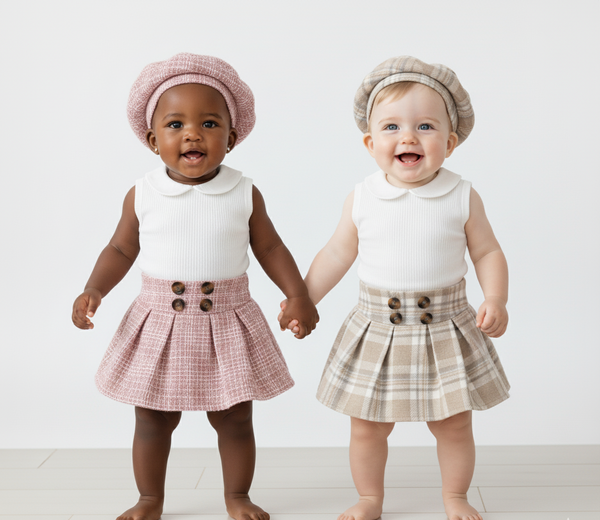 Conjunto para niña falda a cuadros con boina