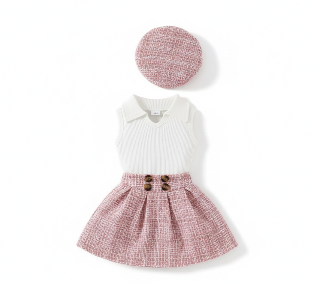 Conjunto para niña falda rosada con boina