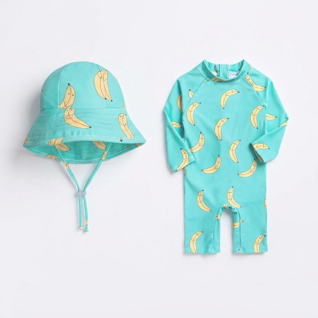 Traje de Baño de Manga Larga con Gorro UV Unisex Banana Fun