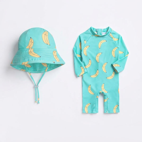 Traje de Baño de Manga Larga con Gorro UV Unisex Banana Fun
