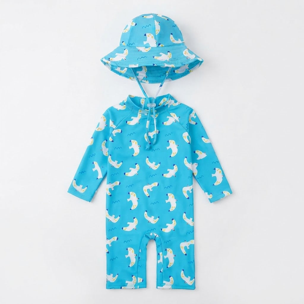 Traje de Baño de Manga Larga con Gorro UV Gaviota Marina