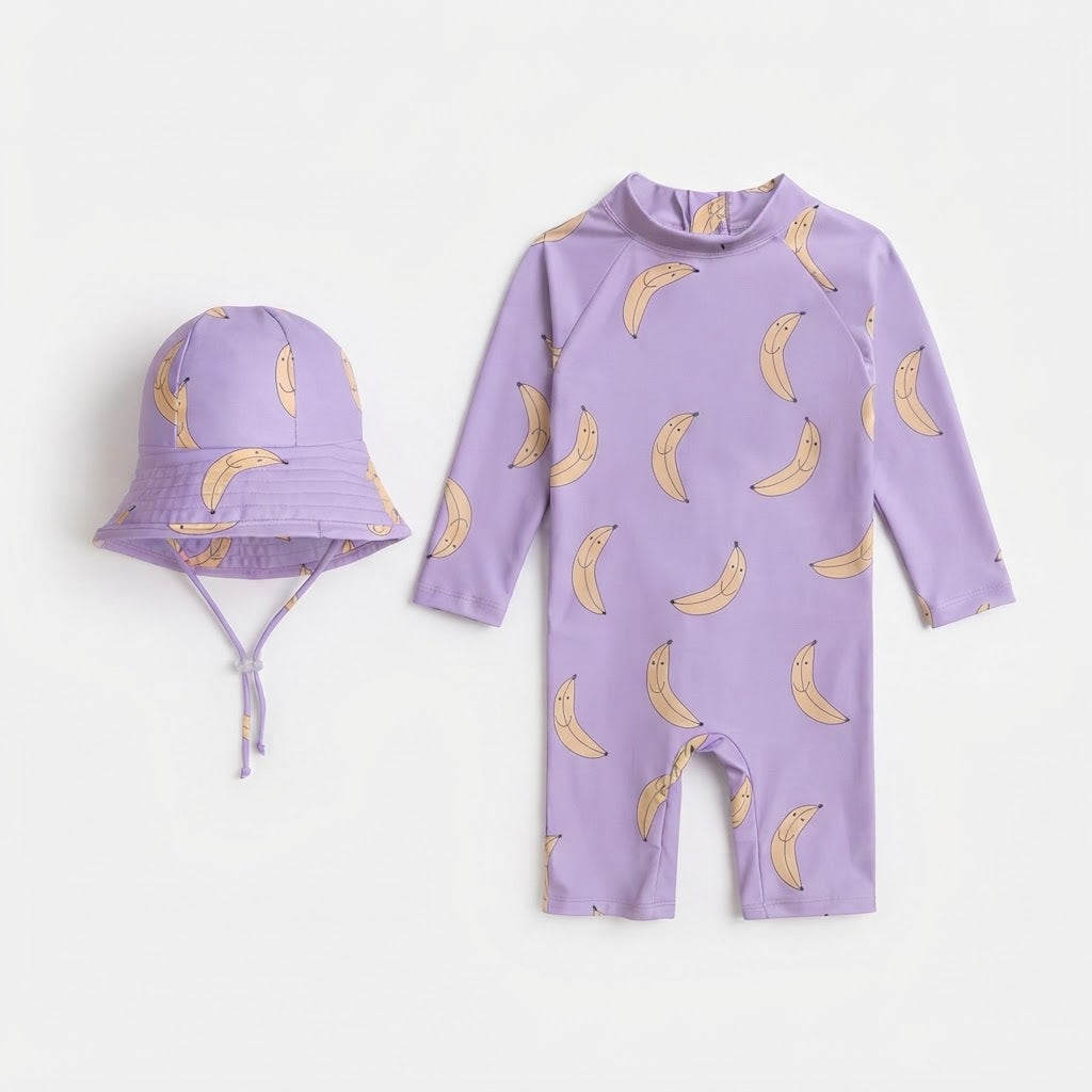 Traje de Baño de Manga Larga con Gorro UV para Niña Banana Lila