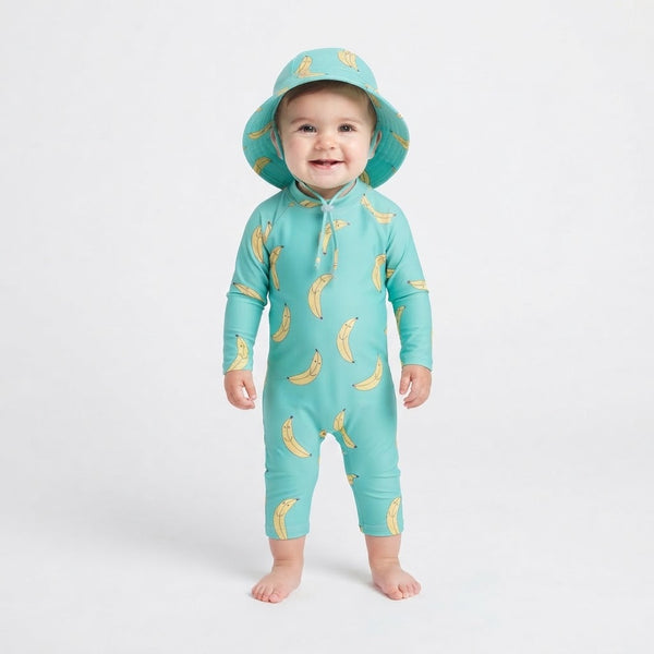 Traje de Baño de Manga Larga con Gorro UV Unisex Banana Fun